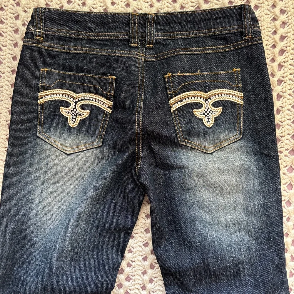 Arden B Embellished Back Pocket Bootcut Flare Jeans Women's Sz 6 W30 Dark Blue.